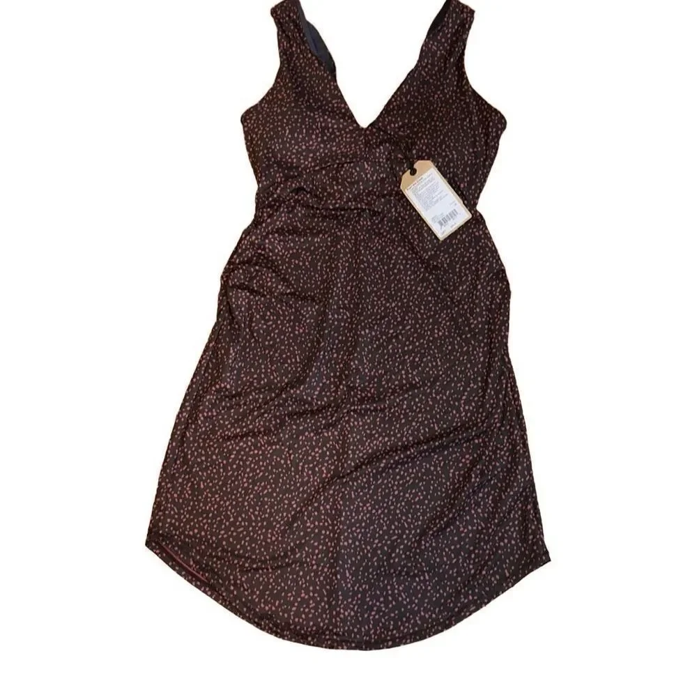 prAna NWT Pearl Isla Dress Empire waist, Ruched in MED color Deep Pine Spots
